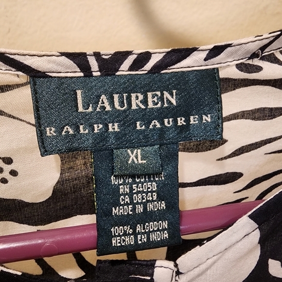 LAUREN Ralph Lauren black and white tropical print relaxed fit blouse size XL - Picture 2 of 9